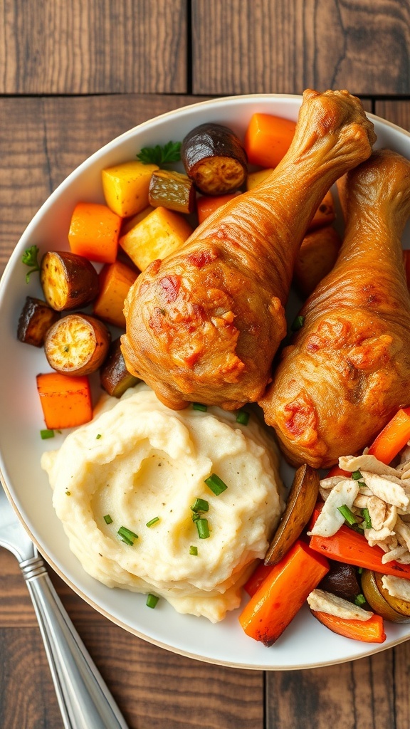 A plate of chicken drumsticks with roasted vegetables, mashed potatoes, and coleslaw on a rustic table.